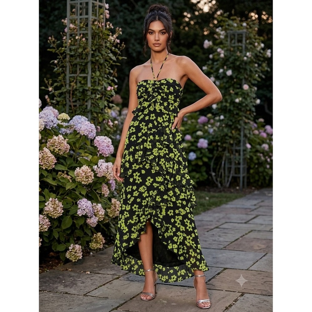 WAYF Womens Neon Yellow Black Floral Ruffle High Low Halter Maxi Dress‎ Size 6